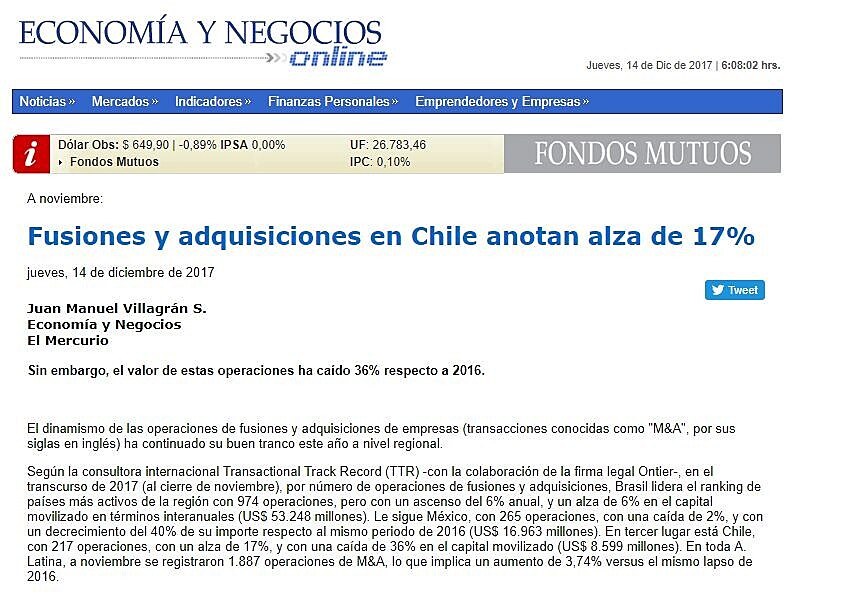 Fusiones y adquisiciones en Chile anotan alza de 17%